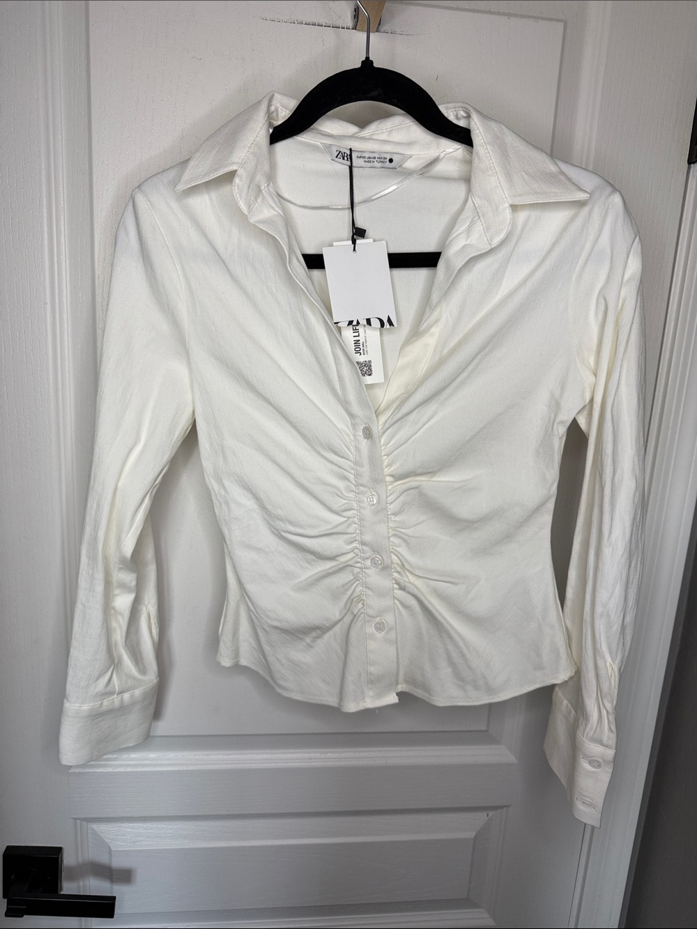Zara Cream Ruched Button-Down Shirt